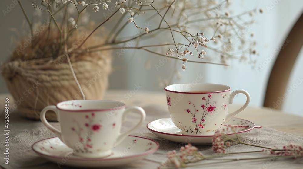 Aufkleber a close up of two cups and saucers on a table with a vase of flowers in the background and a wicker 