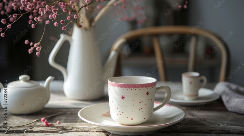 Aufkleber a close up of a cup and saucer on a table with a vase of flowers and a teapot on a table with a napk