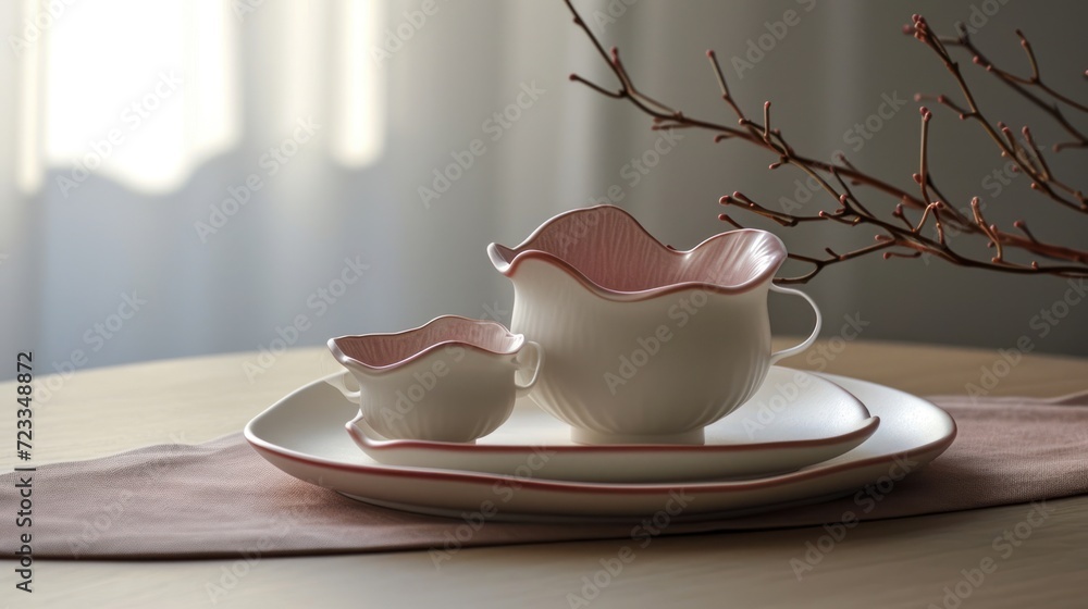 Poster a close up of a plate with a cup and saucer on a table with a branch of a tree in front of the plate