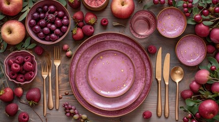  a table topped with lots of pink plates and bowls filled with different types of fruit next to...