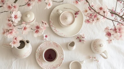  a table topped with a cup of tea and saucer next to a plate and a vase filled with pink flowers on top of a white cloth covered table cloth.