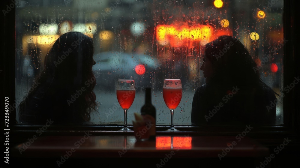 Poster a couple of women sitting next to each other in front of a window with wine glasses in front of them