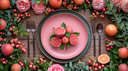  a pink plate topped with grapefruits on top of a table next to a bunch of pink flowers and a couple of forks and knife and spoons. - Powered by Adobe