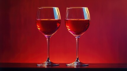  a couple of wine glasses sitting on top of a wooden table next to each other on top of a red tablecloth covered tablecloth covered with a red background.
