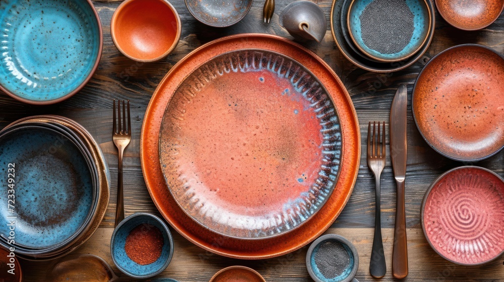 Poster a table topped with lots of different types of plates and bowls filled with different colors of sauc