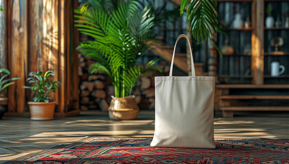 Mockup white shopper tote bag handbag in luxury room interior background. Copy space shopping eco reusable bag. Grocery accessories. Template blank cotton material canvas cloth. Tote bag mockup.