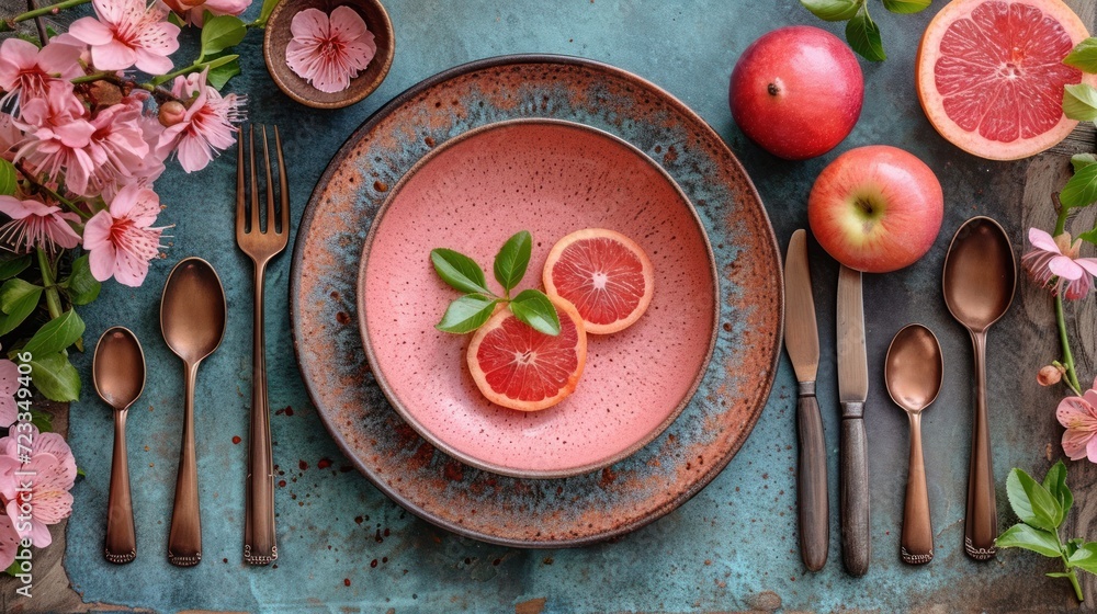 Poster a pink plate topped with slices of grapefruit next to utensils and a grapefruit cut in half on top o