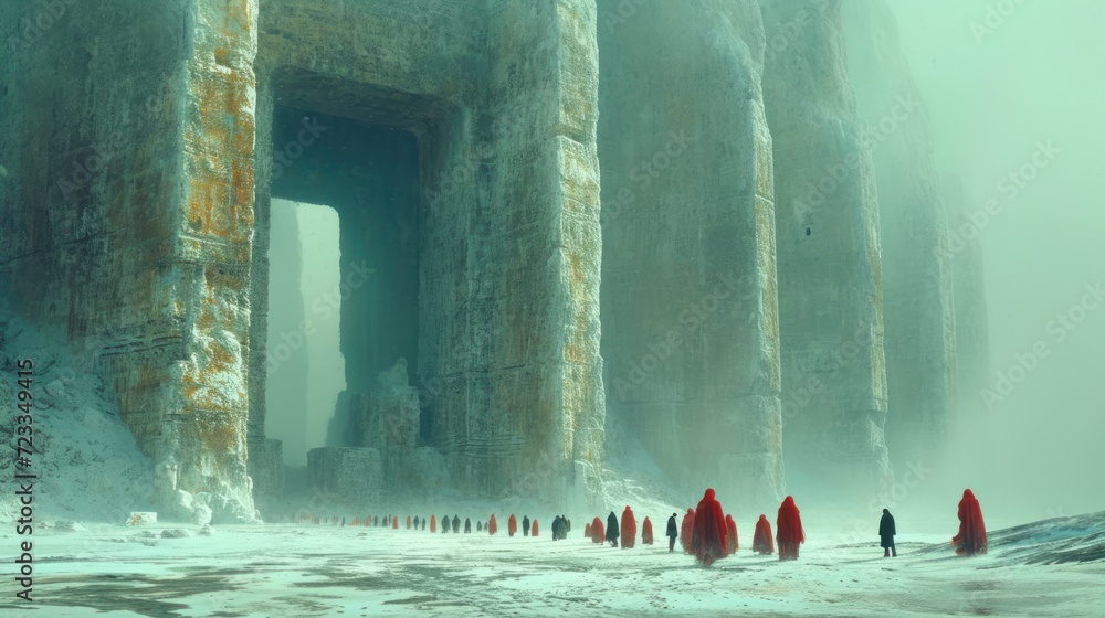 Poster a group of people standing in front of a tall structure in the middle of a snow covered field with s
