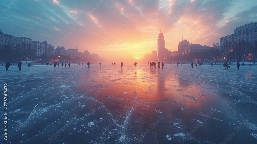 Poster a group of people standing on top of a frozen lake in front of a tall building with a clock tower at
