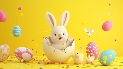 Happy Easter greeting card. 3d Illustration of Easter bunny sitting in a cracked eggshell and a chick born from a small egg surrounded with colorful Easter eggs on yellow background