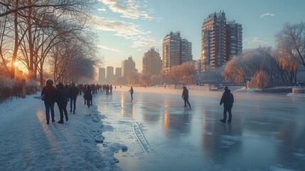  a group of people skating on a frozen lake in front of a large city with tall buildings on the other side of the lake and people walking on the ice.