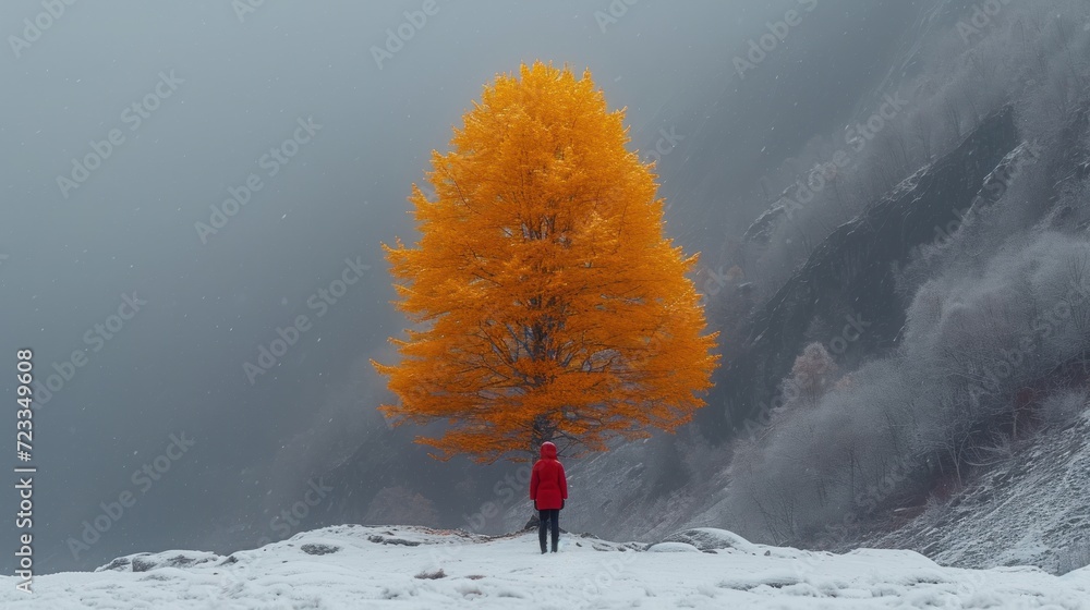Poster a person standing in the snow next to a tree with a yellow tree in the middle of the picture and a m