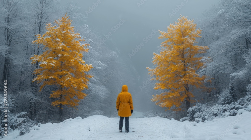 Poster a person in a yellow jacket is standing in the middle of a snowy path with yellow trees on both side