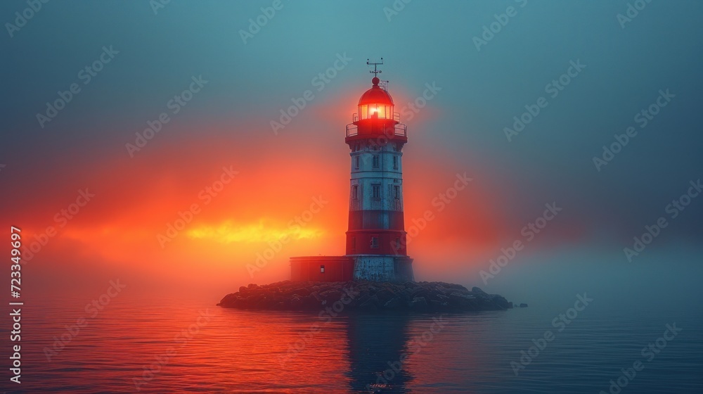 Poster a lighthouse on a small island in the middle of a body of water with a bright red light at the top o