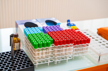 Scientific biotechnology analysis. Blood containers for researching.