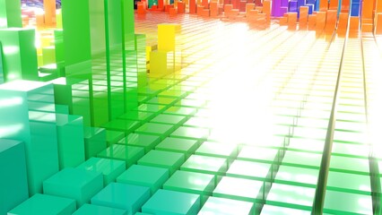 Geometrie - farbige Quader - Skyline - Architektur, Perspektive, Flächen, Formen, Winkel, Körper, Symmetrie, Rendering, gelb, grün, orange
