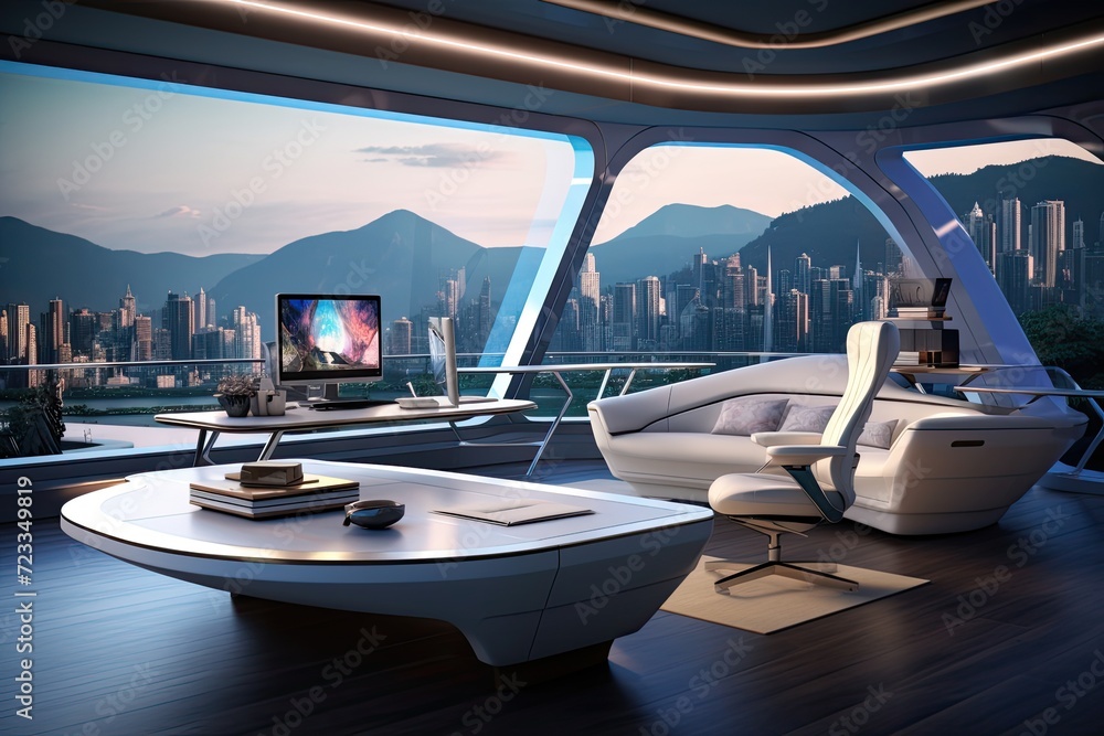 Poster modern home office with futuristic design with high-tech automated furniture