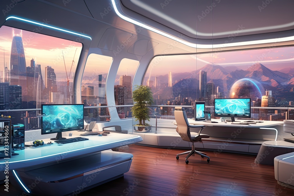 Poster modern home office with futuristic design with high-tech automated furniture