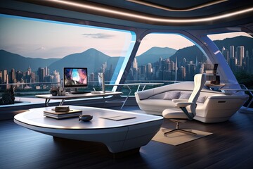 Fototapeta premium Modern home office with futuristic design with high-tech automated furniture
