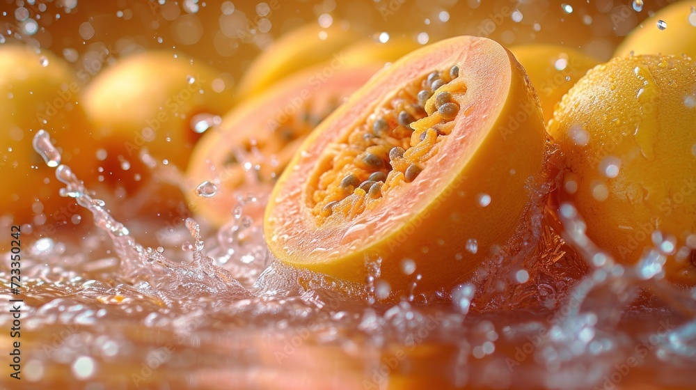Poster  a close up of a bunch of oranges with water splashing off of the top and bottom of the whole oranges on the bottom of the picture and on the bottom of the picture.