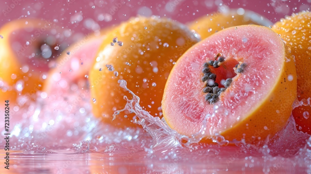 Aufkleber a close up of a bunch of oranges with water splashing on them and on the side of the picture, on a p