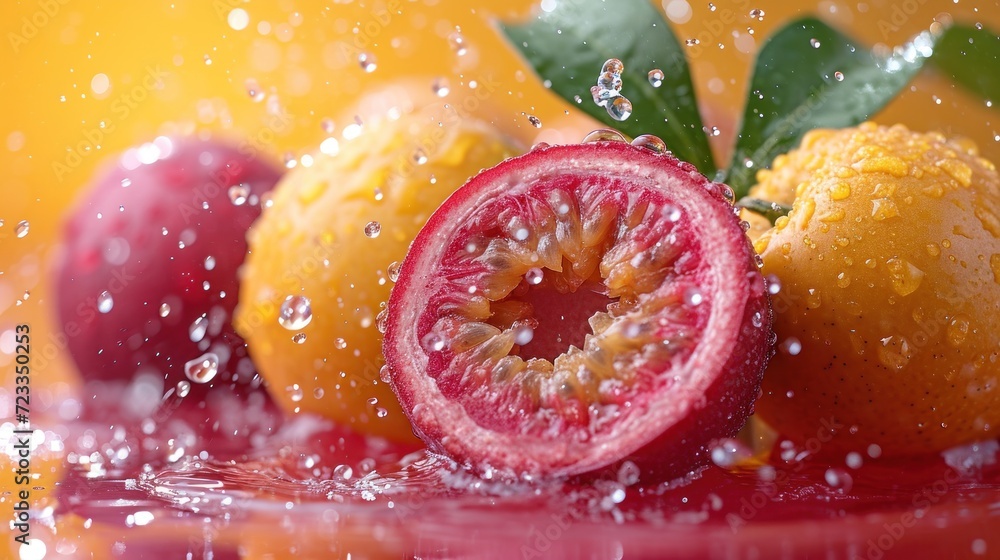 Poster a close up of a pomegranate and oranges on a table with water droplets on the surface and on the tab
