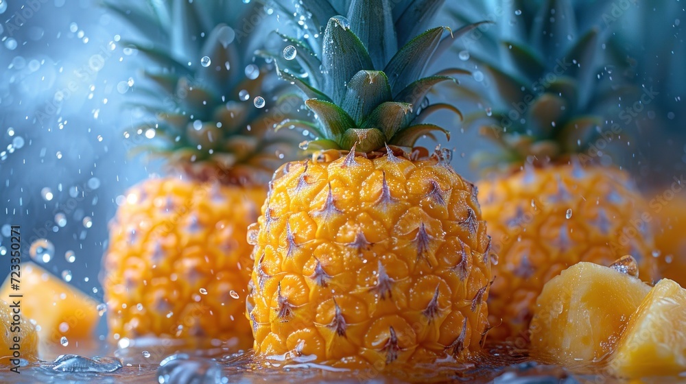 Poster  a group of pineapples sitting on top of a table next to a pile of lemons and a slice of pineapple on top of another pineapple.
