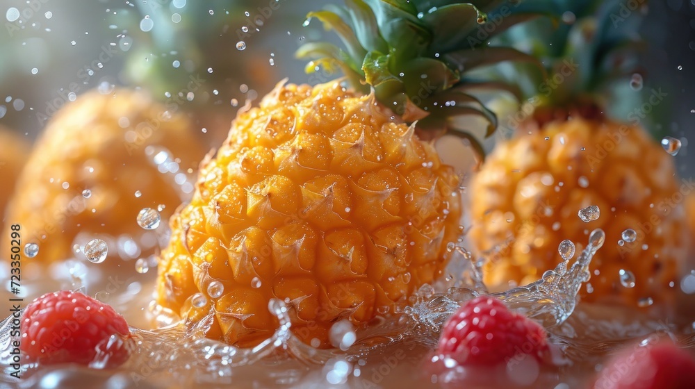 Aufkleber a close up of a pineapple on a table with raspberries in the foreground and a pineapple in the backg