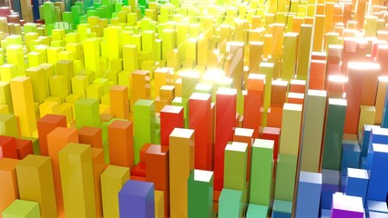Obraz premium Geometrie - farbige Quader - Skyline - Architektur, Perspektive, Flächen, Formen, Winkel, Körper, Symmetrie, Rendering, gelb, orange 