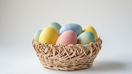 Fototapeta na wymiar Multi colors Easter eggs in the woven basket isolated on white background with clipping path. Pastel color Easter eggs