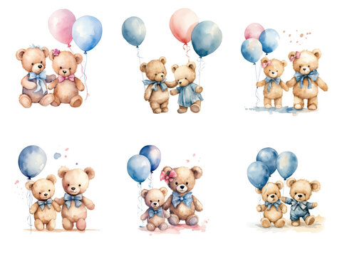 set of watercolor cute children's watercolor bears toys with blue and pink bows and balls