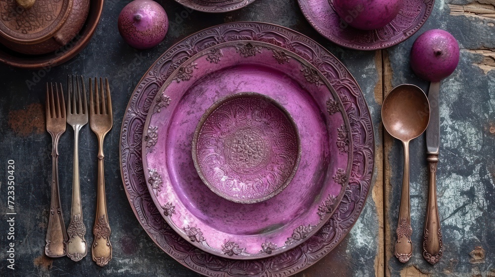 Poster a close up of a plate with utensils and a bowl on a table with other utensils and a bowl with a frui