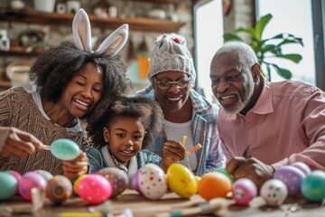 Portrait of happy african american siblings and grandparents in bunny ears painting easter eggs. unaltered, lifestyle, easter day, art, celebration, family, cultures and holiday concept - Powered by Adobe