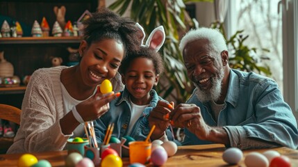 Portrait of happy african american siblings and grandparents in bunny ears painting easter eggs. unaltered, lifestyle, easter day, art, celebration, family, cultures and holiday concept - obrazy, fototapety, plakaty