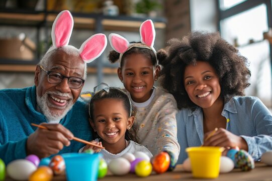 Portrait of happy african american siblings and grandparents in bunny ears painting easter eggs. unaltered, lifestyle, easter day, art, celebration, family, cultures and holiday concept