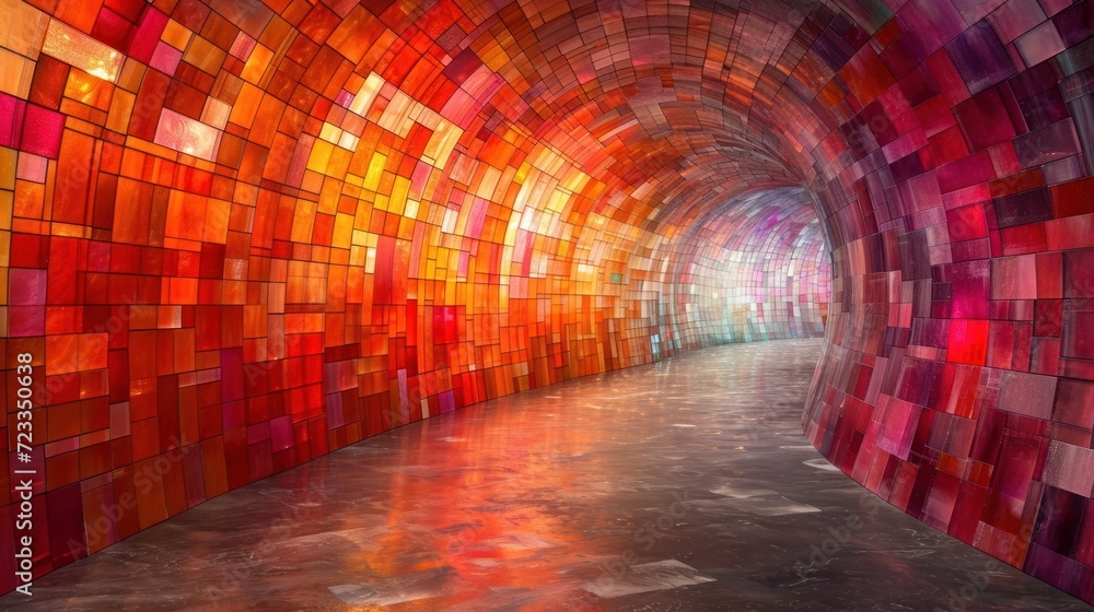Poster a tunnel that has a bunch of different colored tiles on the side of it and a light at the end of the