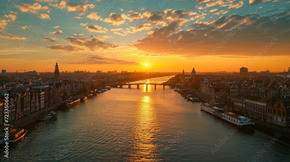 Aufkleber the sun is setting over a city with a river running between it and a bridge on the other side of the