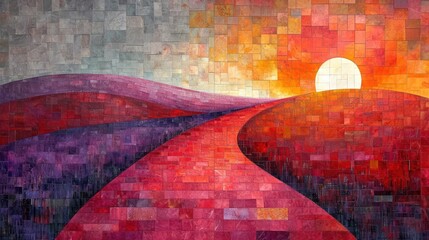  a painting of a path leading to a bright sun in the middle of a field with hills and hills in the background, with a red and purple and orange hue in the middle of the painting.