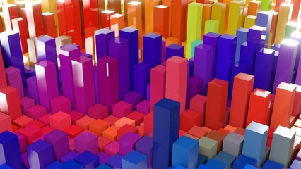 Obraz premium Geometrie - farbige Quader - Skyline - Architektur, Perspektive, Flächen, Formen, Winkel, Körper, Symmetrie, Rendering 