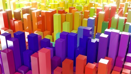 Fototapeta premium Geometrie - farbige Quader - Skyline - Architektur, Perspektive, Flächen, Formen, Winkel, Körper, Symmetrie, Rendering 