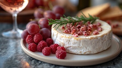  a close up of a piece of cheese on a plate with raspberries next to a glass of wine and cheese on a plate with a rosemary sprig.