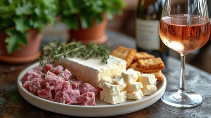  a plate of meat, cheese, crackers, and a glass of wine on a table with a potted plant and a bottle of wine in the background.