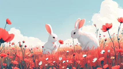 Gartenposter Two white rabbits sitting in a field of red flowers © Maria Starus
