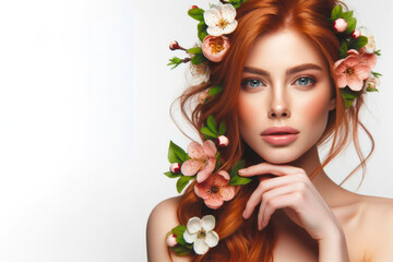 picture of attractive redhead woman model symbolizing spring with blooming flowers. ai generative