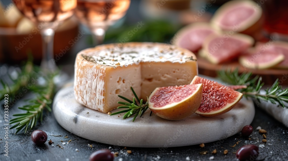 Poster a close up of a piece of cheese on a plate with a slice of grapefruit next to it and a glass of wine