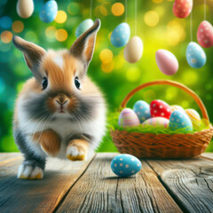 Fototapeta na wymiar Portrait of a bunny runs against the background of flying Easter colored eggs nature background. ai generative