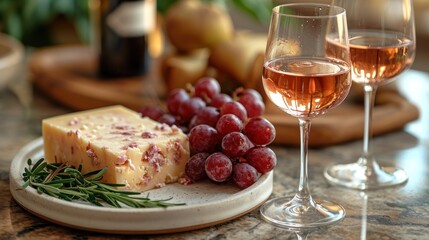  two glasses of wine and a piece of cheese on a plate with grapes and a rosemary sprig next to it...
