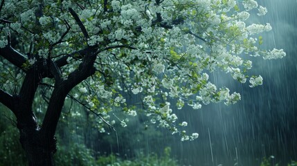 A tree with white flowers in the rain