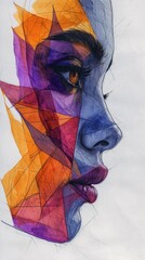 A drawing of a woman's face with colored lines