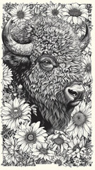 Fototapeta premium A drawing of a buffalo surrounded by sunflowers